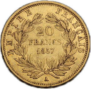 reverse: France.  Napoleon III (1852-1870). 20 francs 1857 A Paris mint