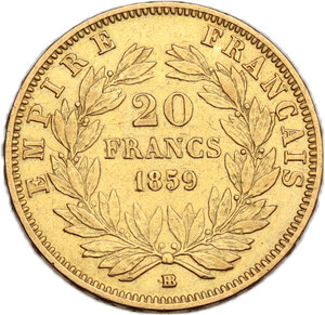reverse: France.  Napoleon III (1852-1870). 20 francs 1859 BB, Strasbourg mint