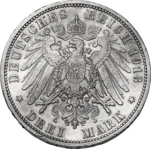 reverse: Germany.  Wilhelm II (1891-1918). AR 3 Mark , Berlin mint, 1913 A