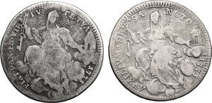 reverse: Italy.  Clemens XIV (1769-1774) and Pius VI (1775-1799). Lot of two (2) AR Quinto di Scudo, 1771 and 1775, Roma mint