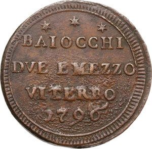 reverse: Italy .  Pio VI (1775-1799), Giovanni Angelo Braschi. AE 2 e mezzo Baiocchi 1796, Viterbo mint