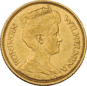 obverse: Netherlands.  Wilhelmina (1890-1948). AV 5 Gulden, 1912