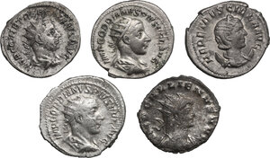 obverse: The Roman Empire. Multiple lot of five (5) Antoniniani. Including Gordian (2), Etruscilla, Trebonianus Gallus and Gallienus
