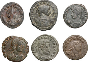 obverse: The Roman Empire. Multiple lot of six (6) coins: Antoniniani of  Salonina and Aurelian, AE of  Licinius, Crispus, Constantius II and Gratian