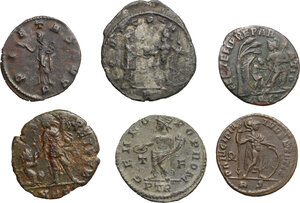 reverse: The Roman Empire. Multiple lot of six (6) coins: Antoniniani of  Salonina and Aurelian, AE of  Licinius, Crispus, Constantius II and Gratian