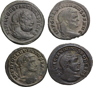obverse: The Roman Empire. The four Tetrarchs. Multiple lot of four (4) AE Folles of Diocletian, Maximian, Constantius and Galerius