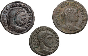 obverse: The Roman Empire. Multiple lot of three (3) AE Folles of Maximian (2) and Maxentius