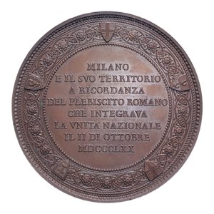 obverse: MEDAGLIA MILANO 1870 RICORDO DEL PLEBISCITO ROMANO CHE INTEGRAVA L UNITA  NAZIONALE AE. 97,79 GR. 62 MM. IN SCATOLA SPL-FDC