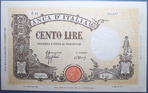 reverse: REPUBBLICA SOCIALE ITALIANA 100 LIRE 10/10/1944 GRANDE B B.I. BB+