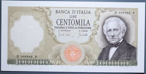 reverse: REPUBBLICA ITALIANA 100000 LIRE 19/7/1970 MANZONI SENZA FIBRILLE RRR SUP