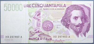 reverse: REPUBBLICA ITALIANA 50000 LIRE 1997 BERNINI 2° TIPO SERIE SOSTITUTIVA XD-A R BB+