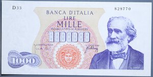 reverse: REPUBBLICA ITALIANA 1000 LIRE 10/8/1965 VERDI 1° TIPO BB+