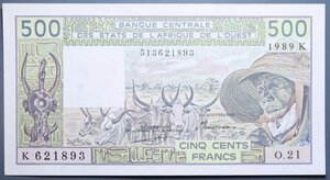 reverse: AFRICA WEST STATES 500 FRANCS 1989 SUP