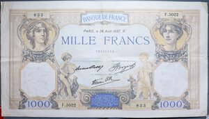 reverse: FRANCIA 1000 FRANCS 26/8/1937 BB+