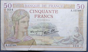 reverse: FRANCIA 50 FRANCS 29/2/1940 BB+ (FORI)