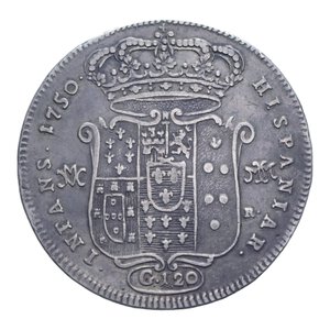 reverse: REGNO DI NAPOLI CARLO DI BORBONE (1734-1759) PIASTRA 120 GRANA 1750 AG. 24,81 GR. qBB/BB+