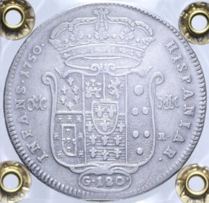 reverse: REGNO DI NAPOLI CARLO DI BORBONE (1734-1759) PIASTRA 120 GRANA 1750 AG. 25,61 GR. BB (SIGILLATA CAVALIERE)