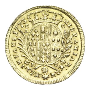 reverse: REGNO DI NAPOLI FERDINANDO IV (1759-1816) 6 DUCATI 1773 AU. 8,79 GR. BB/BB+ (APPICCAGNOLO RIMOSSO)