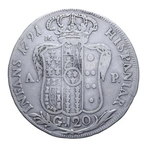 reverse: REGNO DI NAPOLI FERDINANDO IV (1759-1816) PIASTRA 120 GRANA 1791 R AG. 26,87 GR. MB-BB/BB
