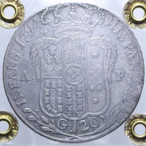 reverse: REGNO DI NAPOLI FERDINANDO IV (1759-1816) PIASTRA 120 GRANA 1794 R AG. 27,53 GR. qBB (SIGILLATA CAVALIERE)