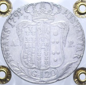 reverse: REGNO DI NAPOLI FERDINANDO IV (1759-1816) PIASTRA 120 GRANA 1795 RR AG. 27,53 GR. qBB/BB (SIGILLATA CAVALIERE)