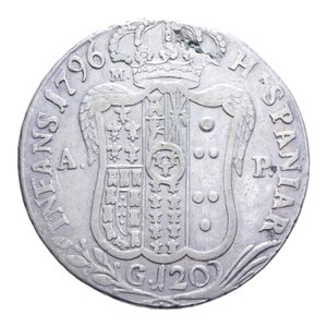 reverse: REGNO DI NAPOLI FERDINANDO IV (1759-1816) PIASTRA 120 GRANA 1796 AG. 27,10 GR. BB (DIFETTO SUL TONDELLO)
