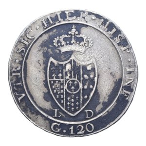reverse: REGNO DI NAPOLI FERDINANDO IV (1759-1816) PIASTRA 120 GRANA 1805 STEMMA PICCOLO AG. 27,18 GR. BB/qBB