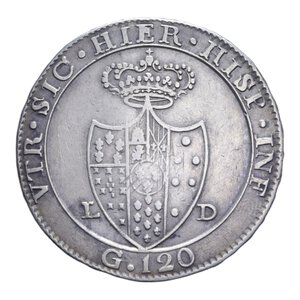 reverse: REGNO DI NAPOLI FERDINANDO IV (1759-1816) PIASTRA 120 GRANA 1805 STEMMA GRANDE AG. 27,23 GR. qBB/BB