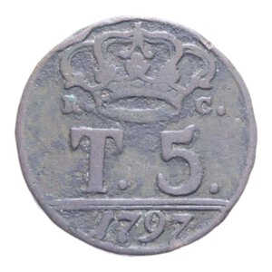 reverse: REGNO DI NAPOLI FERDINANDO IV (1759-1816) 5 TORNESI 1797 SENZA P RR CU. 12,01 MB+/MB-BB