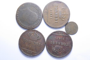reverse: REGNO DELLE DUE SICILIE FRANCESCO I (1825-1830) 10 TORNESI 1825 + 1 TORNESE 1827 (NC) LOTTO 5 MONETE VARIE CONSERVAZIONI