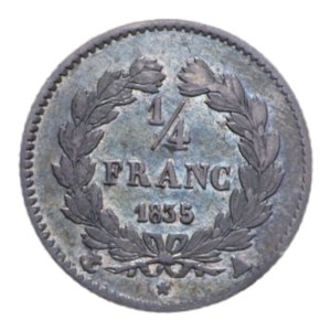 reverse: FRANCIA LUIGI FILIPPO I 1/4 FRANC 1835 A (PARIS) AG. 1,20 GR. qBB
