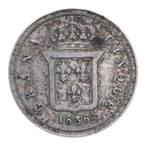 reverse: REGNO DELLE DUE SICILIE FERDINANDO II (1830-1859) 1/2 CARLINO 5 GRANA 1836 AG. 1,16 GR. BB/BB+