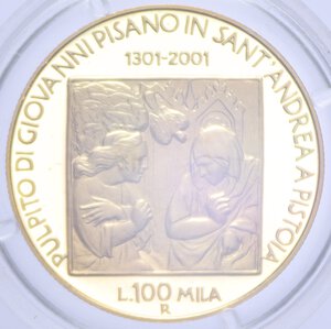 reverse: 100000 LIRE 2001 PULPITO DELLA PIEVE DI SANT ANDREA IN PISTOIA AU 15 GR. IN COFANETTO PROOF