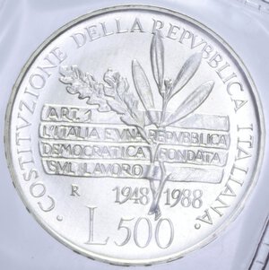 reverse: 500 LIRE 1988 COSTITUZIONE AG. 11 GR. IN ASTUCCIO FDC