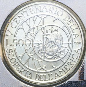 reverse: 500 LIRE 1990 SCOPERTA AMERICA 2° EMISSIONE AG. 11 GR. IN FOLDER FDC