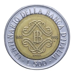 reverse: 500 LIRE 1993 BIMETALLO BANCA D ITALIA ESCRESCENZE SUI CAPELLI AC.BA. 6,76 GR. qSPL