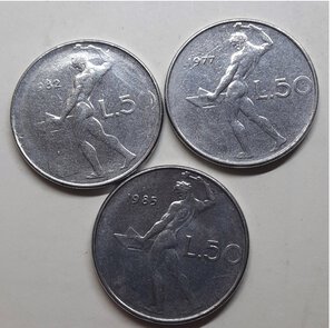 obverse: Tris di errori, 50 lire 1977 senza segno zecca R, 50 lire 1982  senza cifra 1,
50 lire 1985 senza segno zecca R