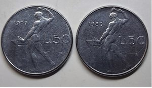 reverse: Lotto Errori : 50 lire 1979 asse spostato di 50 gradi, 50 lire 1980 asse spostato di 80 gradi