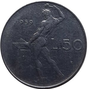 reverse: 50 lire 1959 asse spostato 305 gradi