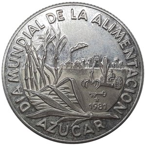 reverse: Cuba 5 pesos argento  1981 Dia alimentacion, azucar