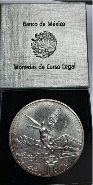 obverse: Messico  5 onzas argento 1997 (5 OZ Arg.999), confezione originale
