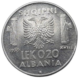 obverse: Colonia Albania ,Vittorio Emanuele III ,  0,20 lek 1939 Leggera tranciatura