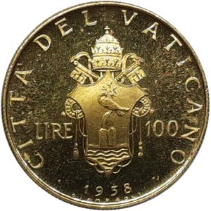 obverse: Vaticano Pio XII 100 Lire oro 1958 FDC