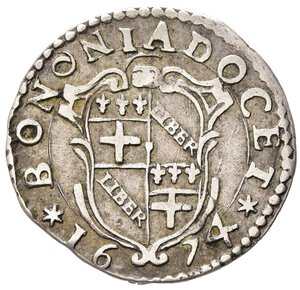 obverse: BOLOGNA. Stato Pontificio. Clemente X (1670-1676). Carlino 1674. Ag (1,83 g). MIR 1972/3; Muntoni 59/b. BB+/qSPL