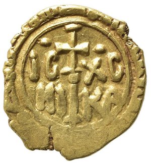 reverse: MESSINA o PALERMO. Ruggero II (1105-1154), Tarì, dopo il 1140. Au (1,15 g). Globetto al centro del cerchio. Spahr 63. SPL