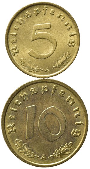 reverse: GERMANIA. Terzo Reich. Lotto di 2 monete da 5 e 10 Reichspfennig. FDC