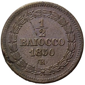 reverse: ROMA. Stato Pontificio. Pio IX (1846-1870). 1/2 Baiocco 1850 anno IV. Gig. 245. Screpolatura del tondello. qFDC