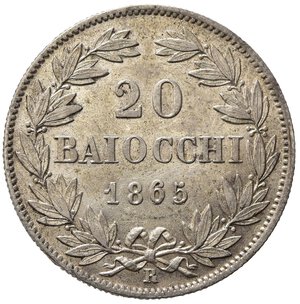 reverse: ROMA. Stato Pontificio. Pio IX (1846-1870). 20 baiocchi 1865 anno XIX. Ag (5,33 g - 24,5 mm). tondello leggermente ondulato. SPL+/qFDC