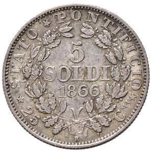reverse: ROMA. Stato Pontificio. Pio IX (1846-1870). 5 soldi 1866 anno XXI. Ag (1,25 g - 16,2 mm). Gig. 312 NC. SPL
