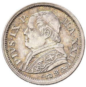 obverse: ROMA. Stato Pontificio. Pio IX (1846-1870). 10 soldi 1868 anno XXIII. Ag (2.5 g - 18,5 mm). Gig. 308a R2. SPL-FDC.